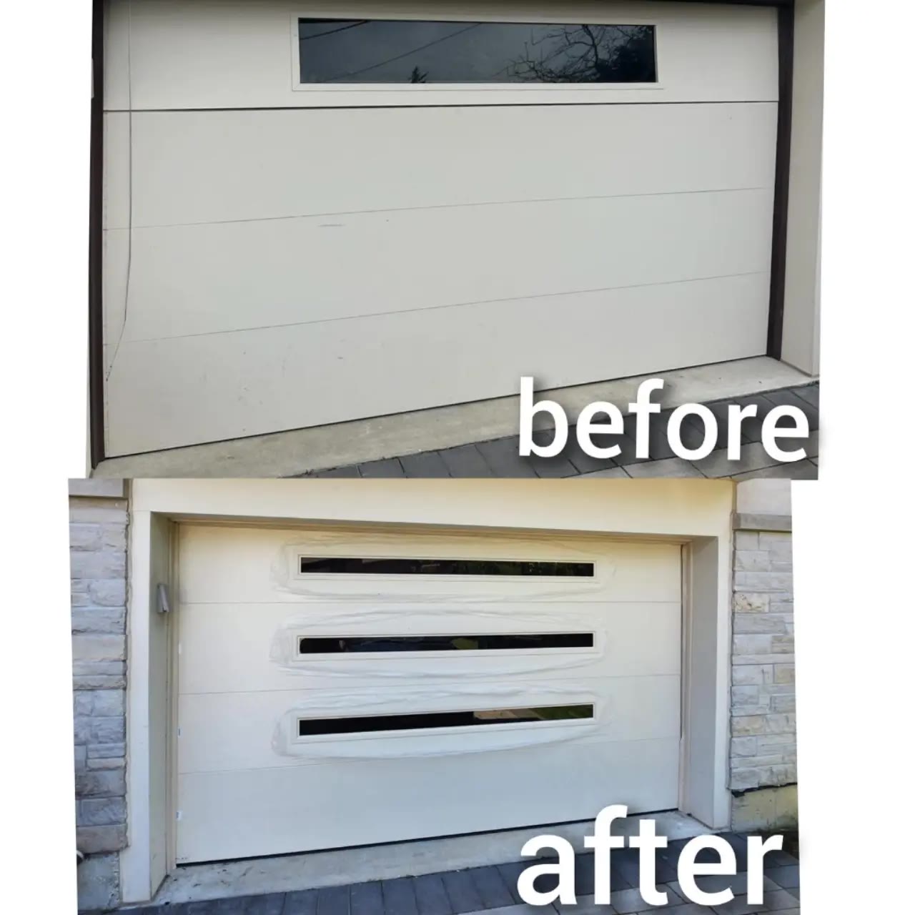 Before and after garage door window insertion