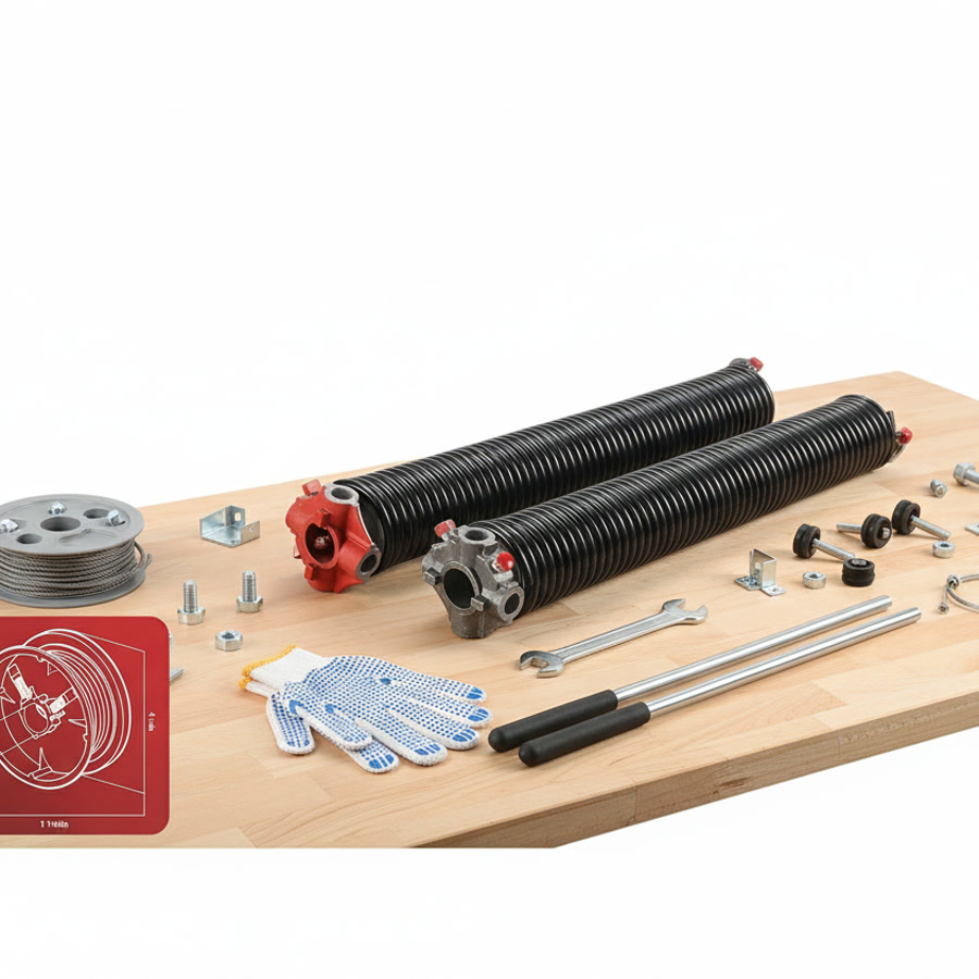 Garage door hardware components neatly organized on a workbench